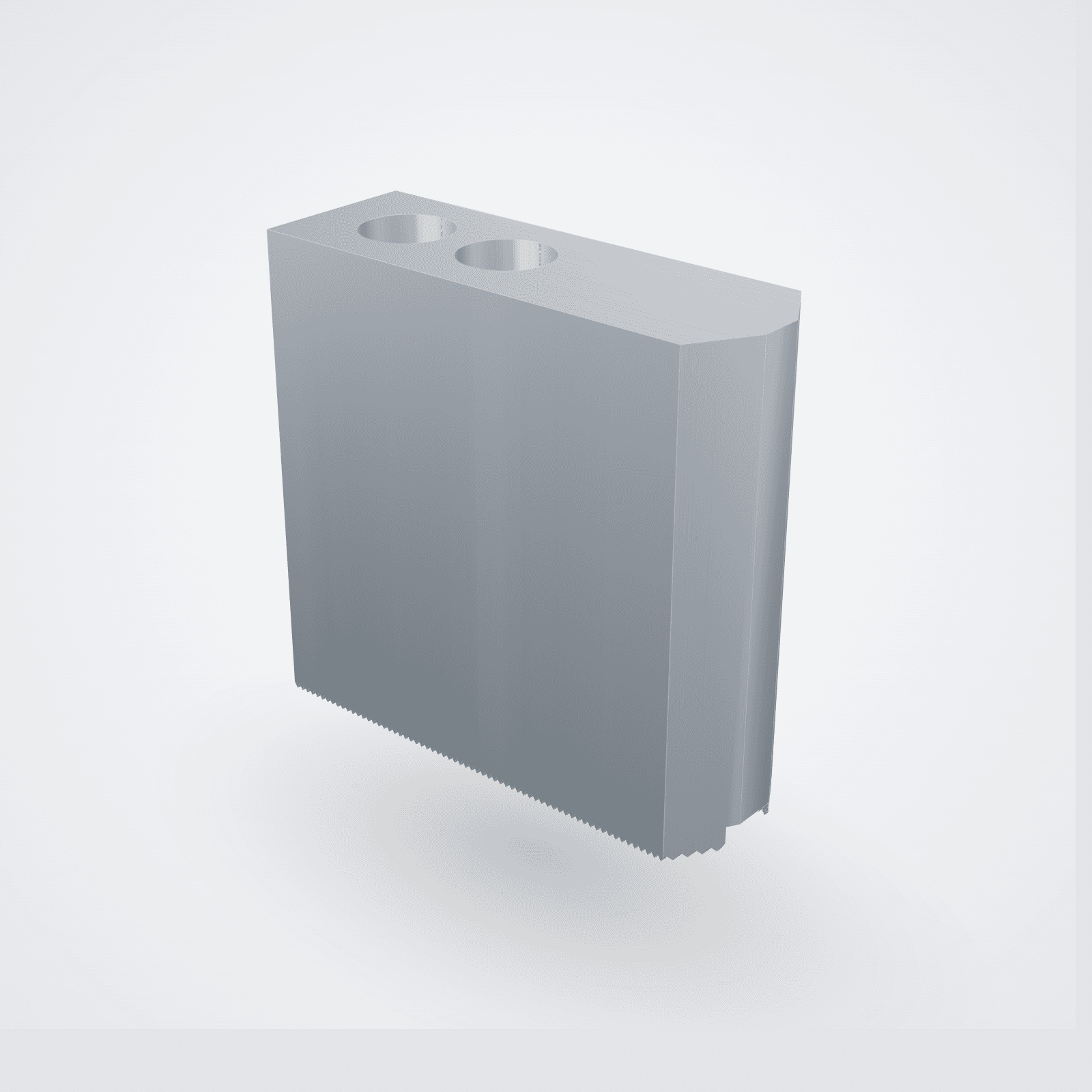 Weiche Aufsatzbacke aus Aluminium, angeschrägt. Studio-Rendering mit Verzahnung und Senkungen