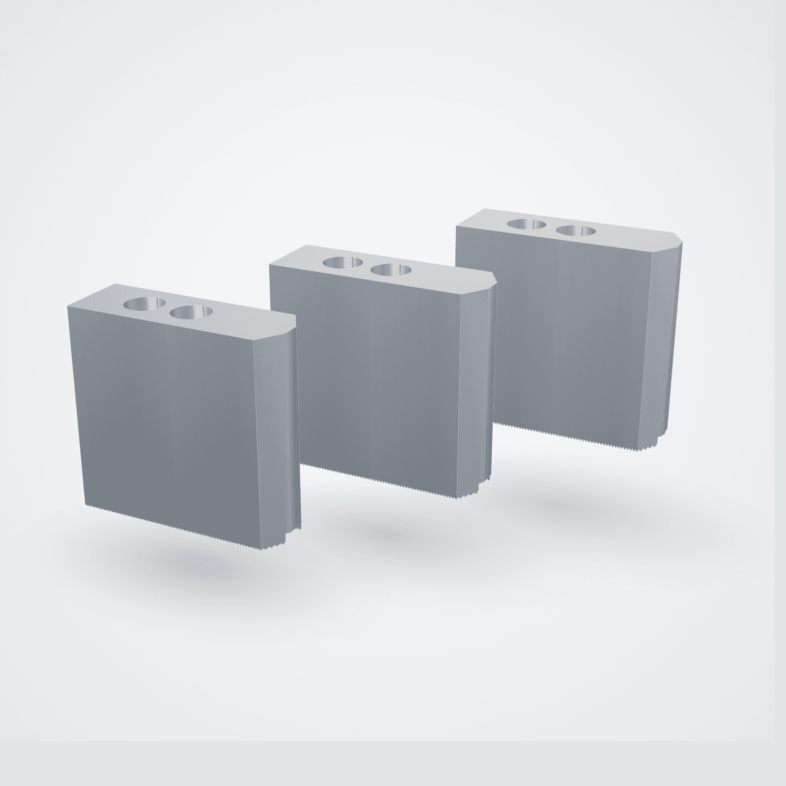 Satz weiche Aufsatzbacken (3 Stück) aus Aluminium — Studio-Rendering mit sichtbarer Verzahnung